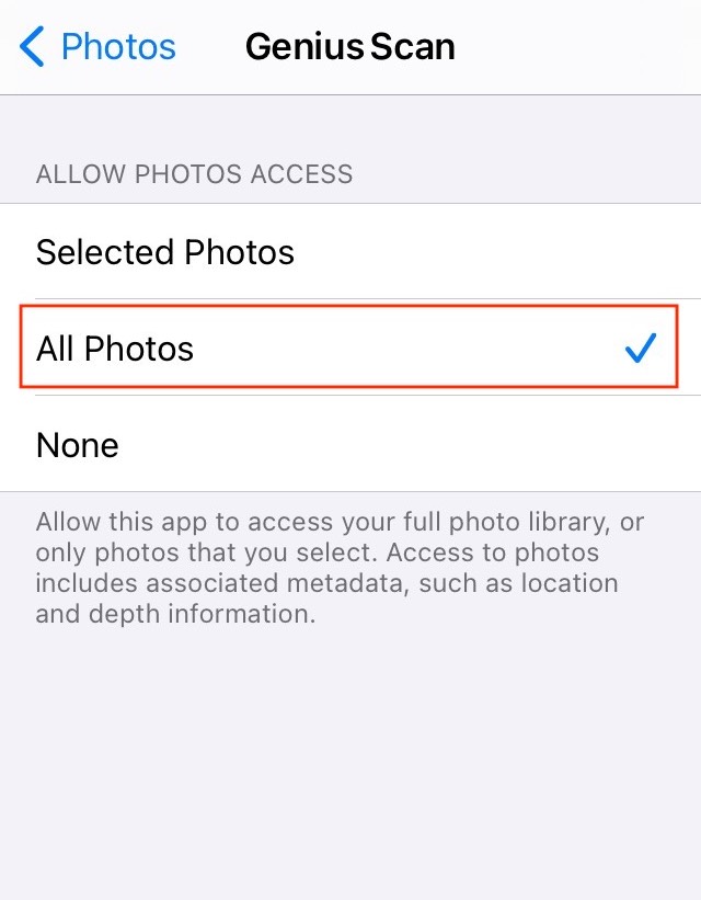 Allow Genius Scan to scan from your Photos Genius Scan