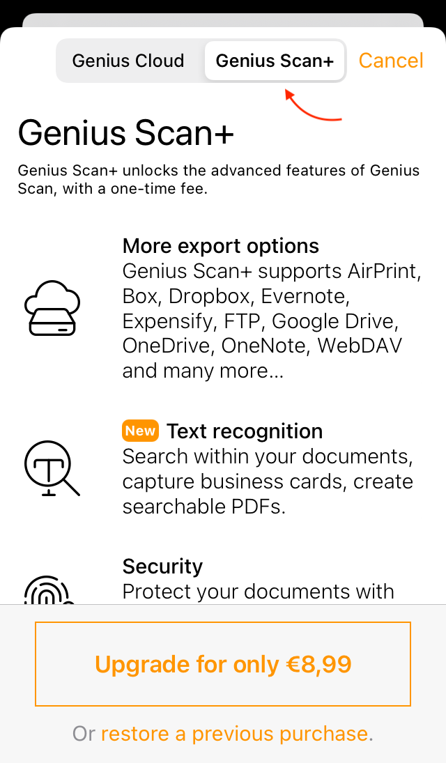Restore purchase of the Genius Scan advanced features Genius Scan