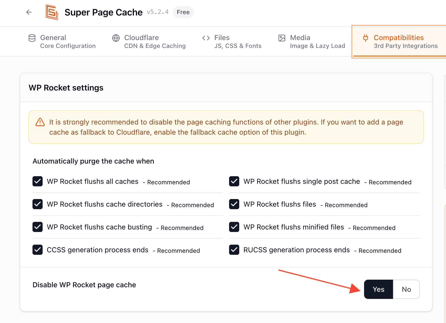 disable wp rocket page cache option
