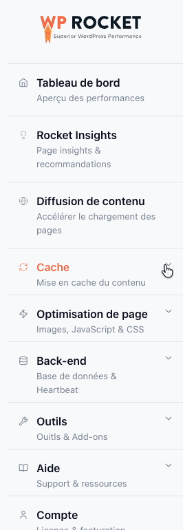 Tableau de bord WP Rocket.