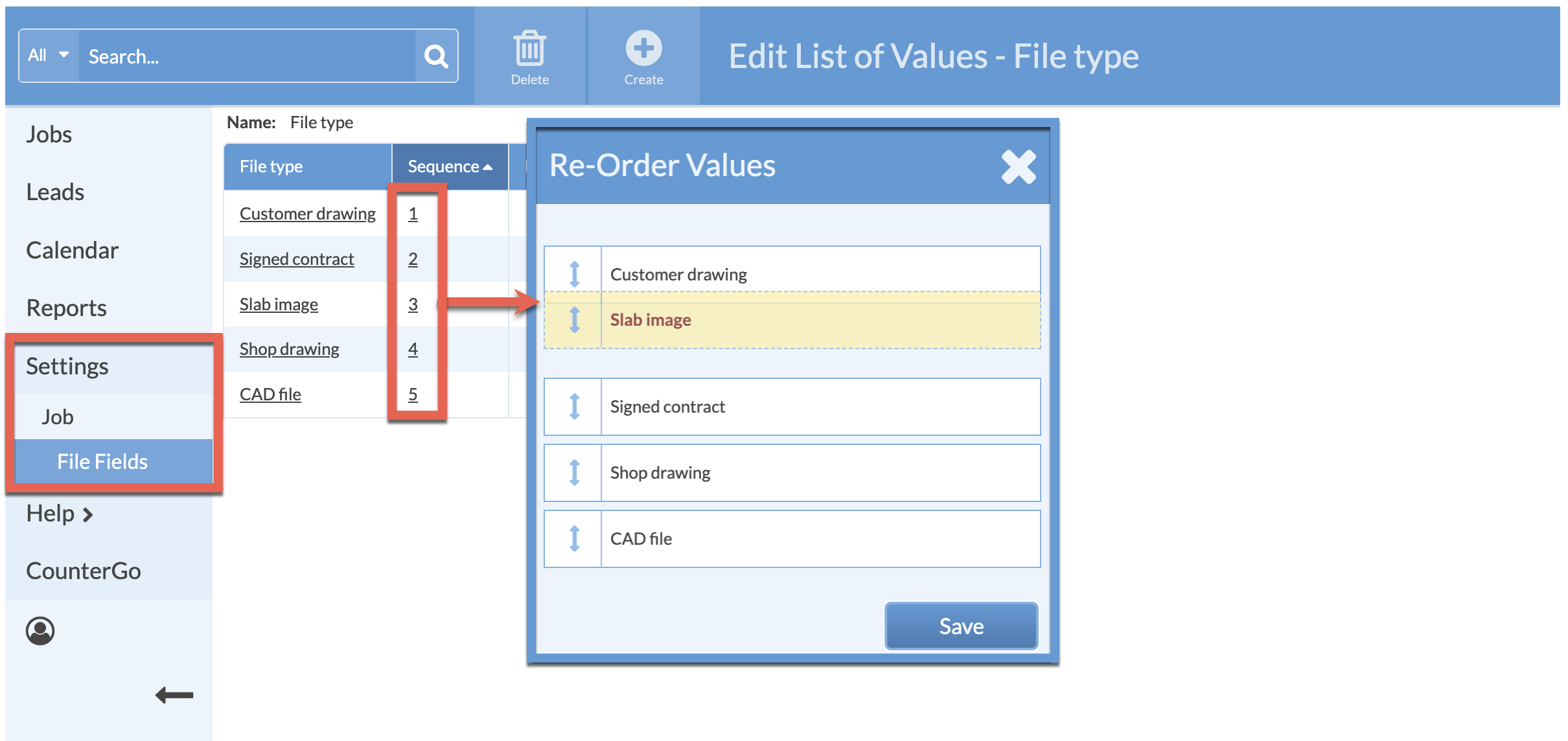 re-order file type list of value entries