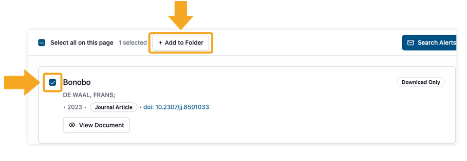 Screenshot of the current DeepDyve search results page showing one selected result, with orange arrows pointing to the selected result checkbox and the highlighted Add to Folder button in the results toolbar.