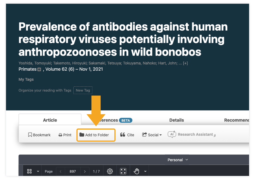 Screenshot of the current DeepDyve LitStream journal article page showing the article header and action toolbar, with an orange block arrow and rounded orange outline highlighting the Add to Folder button.