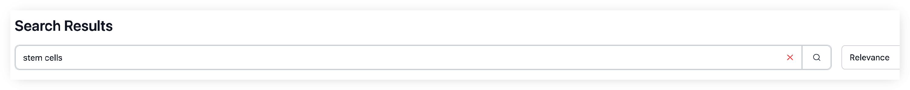Screenshot of the search bar at the top of the DeepDyve Search Results page: a text box with an example query 'stem cells', a red 'x' button to clear the query, and a magnifying-glass button to run the search, next to the 'Relevance' sort dropdown. Clicking into the search bar also shows a dropdown of your recent searches.