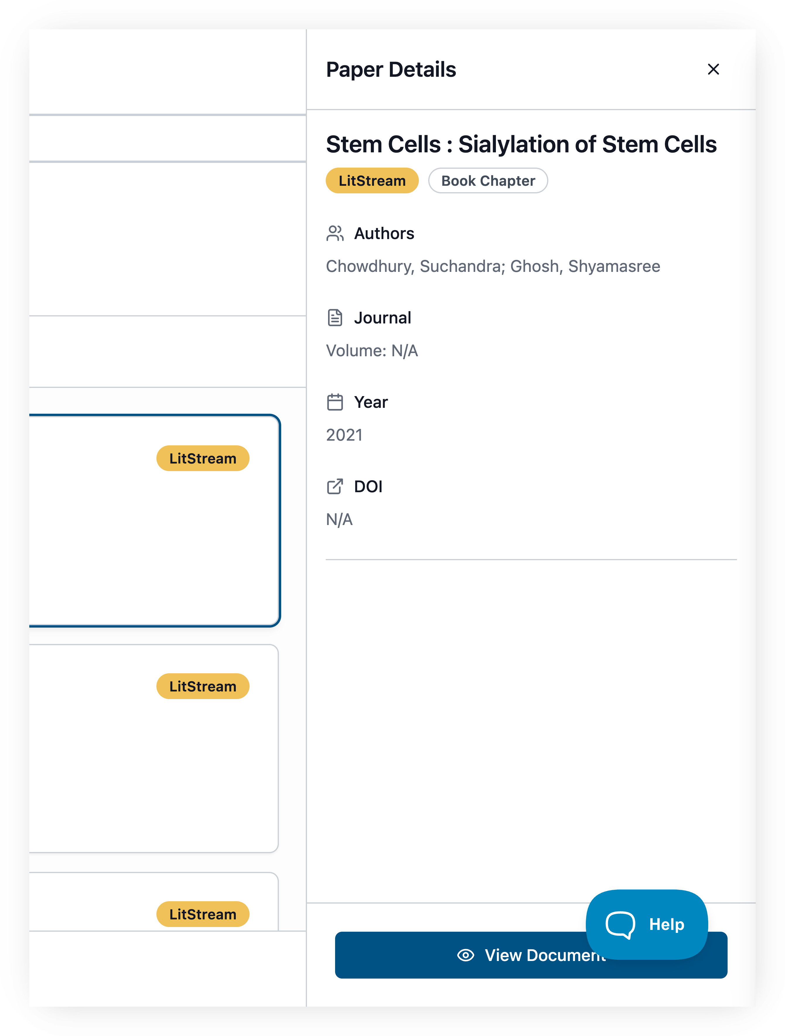 Screenshot of the Paper Details panel that opens on the right when you click a search result's title. For the example article 'Stem Cells : Sialylation of Stem Cells' it shows a yellow 'LitStream' collection badge and a 'Book Chapter' document-type chip, then Authors, Journal (with volume), Year, and DOI fields, with a dark-blue 'View Document' button at the bottom and an 'X' at top right to close the panel.