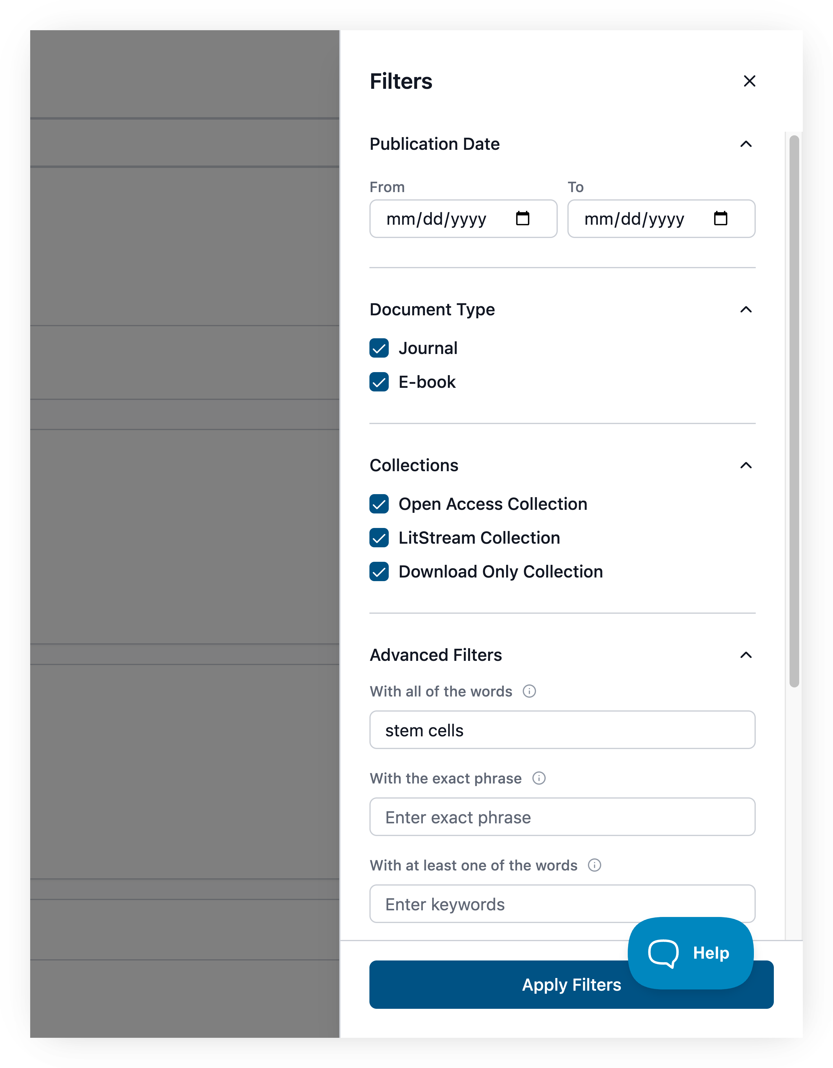 Screenshot of the Filters panel with the 'Advanced Filters' section expanded, below Publication Date, Document Type, and Collections. The advanced fields shown are 'With all of the words' (example: stem cells), 'With the exact phrase', and 'With at least one of the words', each with an info icon; further fields are reached by scrolling. The 'Apply Filters' button is at the bottom.