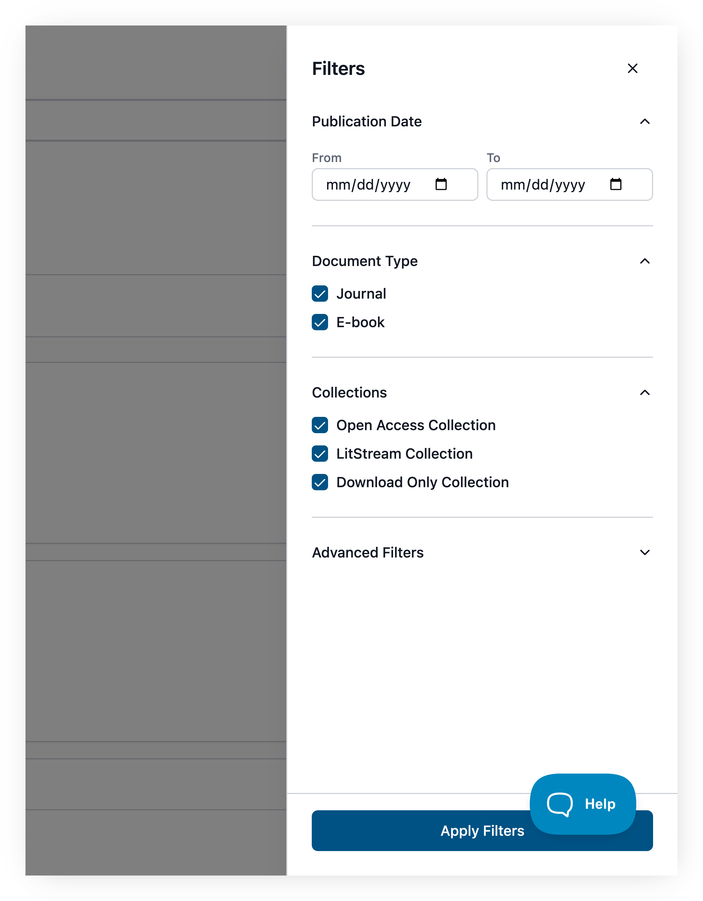 Screenshot of the Filters panel that slides out from the right of the Search Results page. It contains: 'Publication Date' with From and To date fields (mm/dd/yyyy); 'Document Type' with Journal and E-book checkboxes (both checked); 'Collections' with Open Access Collection, LitStream Collection, and Download Only Collection checkboxes (all checked); a collapsed 'Advanced Filters' section; and a dark-blue 'Apply Filters' button at the bottom. An 'X' at top right closes the panel.