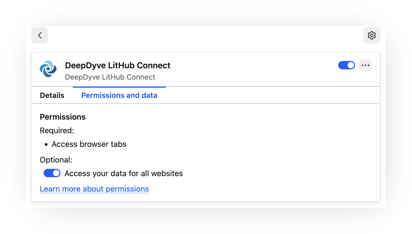 Screenshot of the DeepDyve LitHub Connect extension's Permissions and data tab in the browser's extension manager. The extension is toggled on. Under Permissions, Required lists 'Access browser tabs'; Optional shows a toggle labeled 'Access your data for all websites', shown enabled — this is the switch to grant LitHub Connect permission to work across all scholarly sites. A 'Learn more about permissions' link appears below.