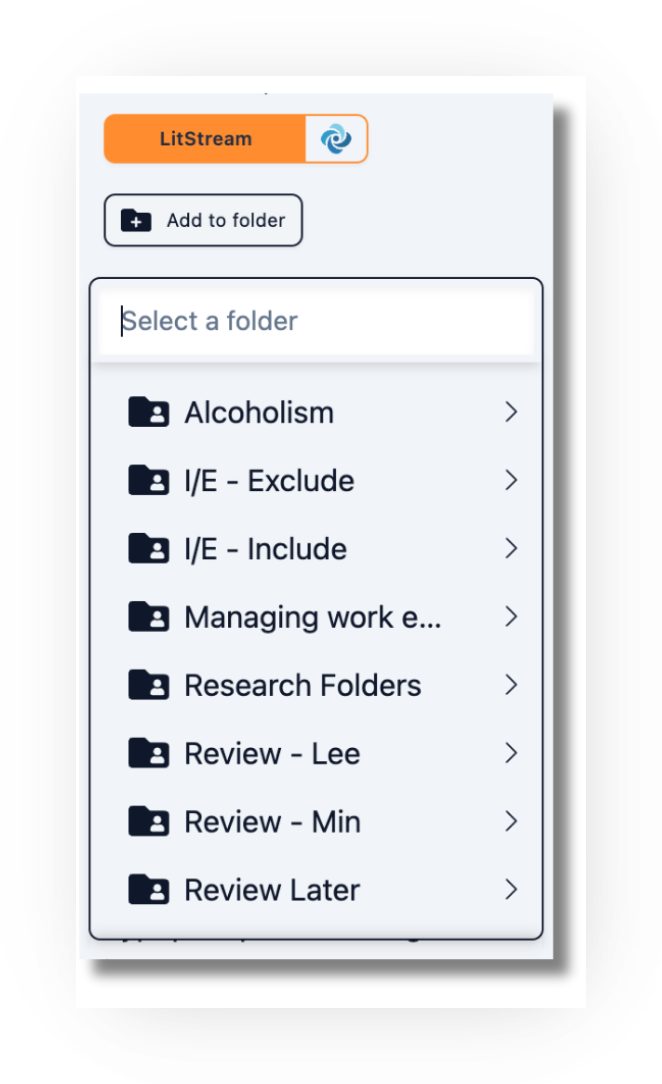 Screenshot of the LitHub Connect 'Add to folder' flow. Below an article's LitStream banner, clicking 'Add to folder' opens a 'Select a folder' search box listing the user's DeepDyve folders (for example Alcoholism, I/E - Exclude, I/E - Include, Research Folders, Review - Lee, Review Later), each expandable with an arrow.