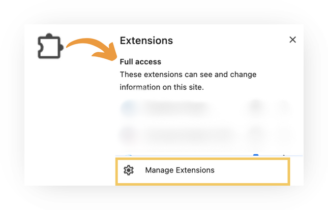 Screenshot of Chrome's extensions popup, opened from the puzzle-piece extension icon in the toolbar (an orange arrow points to it). The popup is titled 'Extensions' with a 'Full access' section, and a yellow highlight box marks the 'Manage Extensions' item with a gear icon at the bottom of the popup.