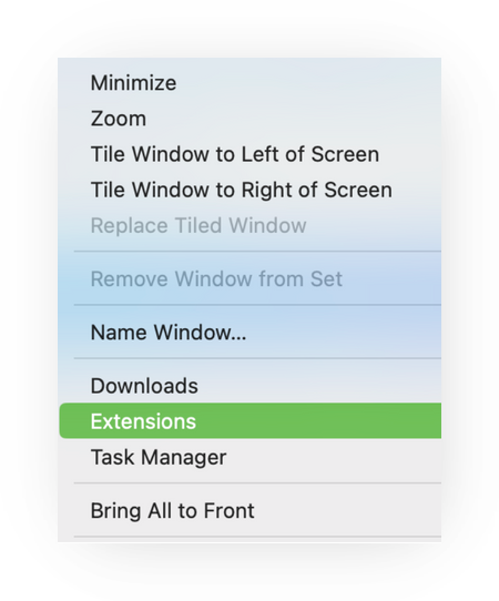 Screenshot of the Chrome 'Window' browser menu on a Mac, with the 'Extensions' menu item highlighted in green, between Downloads and Task Manager.