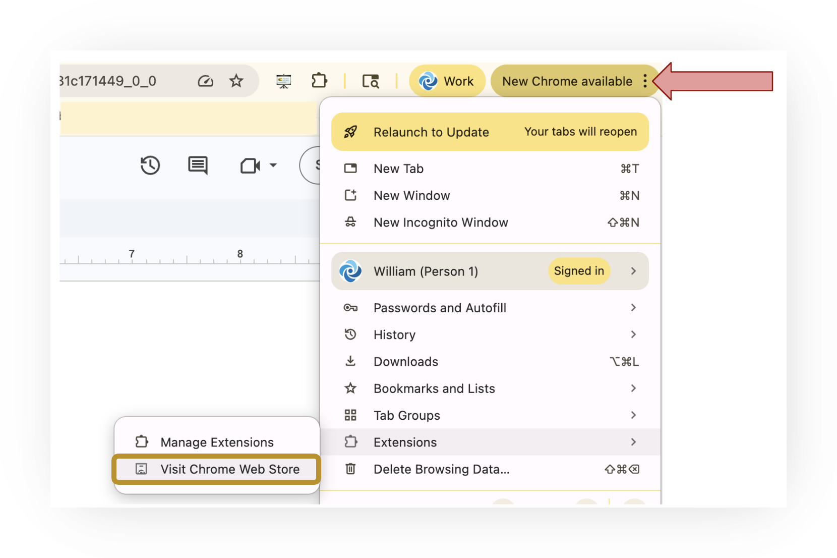 Screenshot of Chrome's three-dot menu (a red arrow points to the three dots in the upper right of the toolbar, next to a 'New Chrome available' notice). In the menu, hovering 'Extensions' opens a submenu where a highlight box marks 'Visit Chrome Web Store' beneath 'Manage Extensions'.