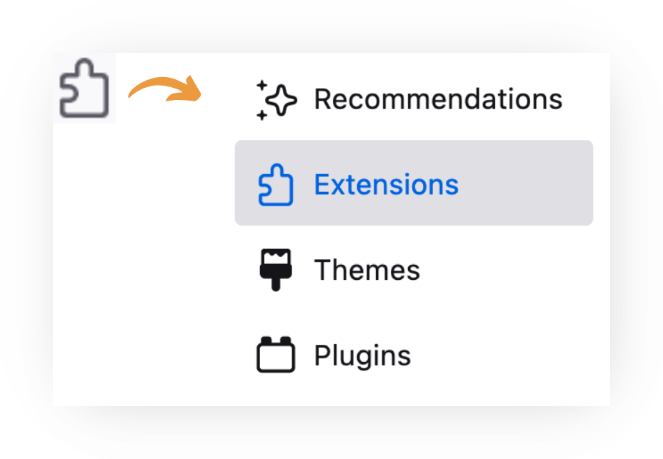 Screenshot of Firefox's extensions popup, opened from the puzzle-piece extension icon (an orange arrow points to it). In the tab that opens, 'Extensions' is highlighted in blue among Recommendations, Themes, and Plugins.