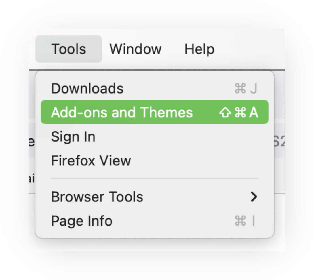 Screenshot of the Firefox 'Tools' browser menu on a Mac with 'Add-ons and Themes' (shortcut Shift-Cmd-A) highlighted in green, between Downloads and Sign In.