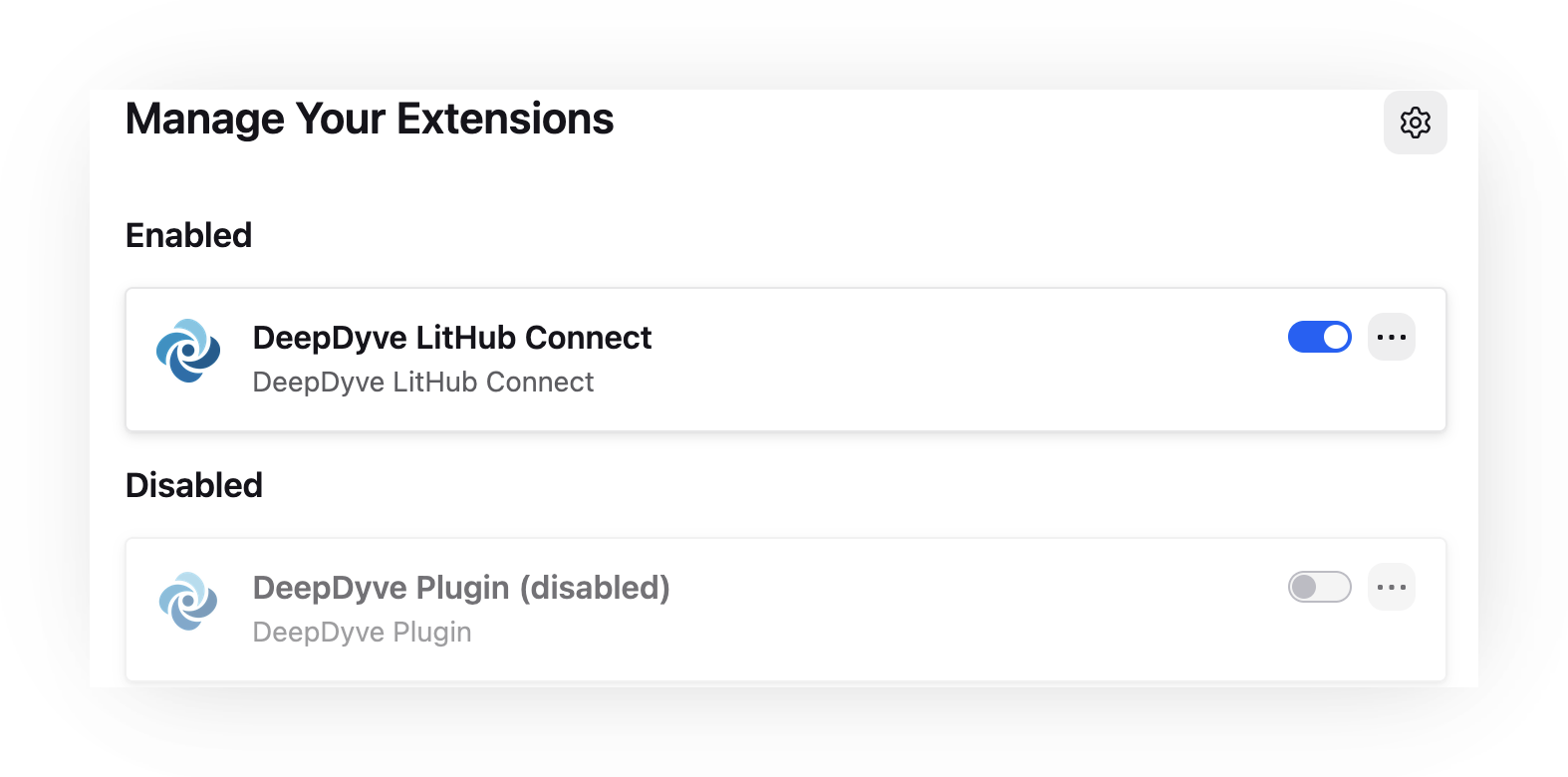 Screenshot of Firefox's 'Manage Your Extensions' page. Under 'Enabled', DeepDyve LitHub Connect has its toggle switched on (blue). Under 'Disabled', the old 'DeepDyve Plugin (disabled)' has its toggle off — with the new release the old Plug-In is automatically disabled, and the toggle next to LitHub Connect is the one to turn on.