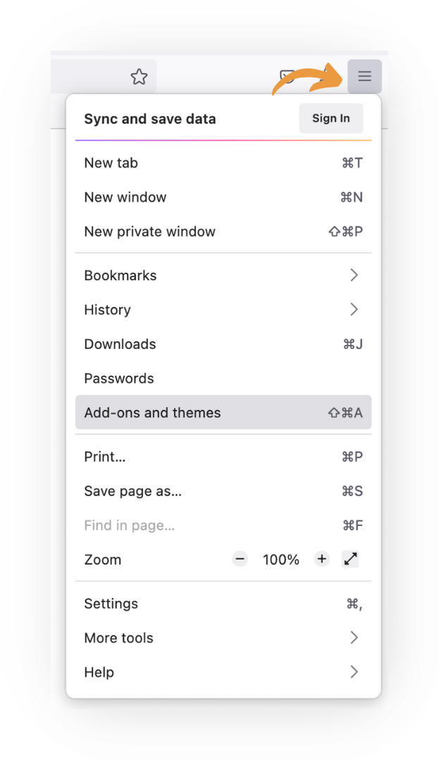 Screenshot of Firefox's hamburger menu, opened from the three-line icon at the far right of the toolbar (an orange arrow points to it). The 'Add-ons and themes' item (shortcut Shift-Cmd-A) is highlighted in the menu, below Bookmarks, History, Downloads, and Passwords.
