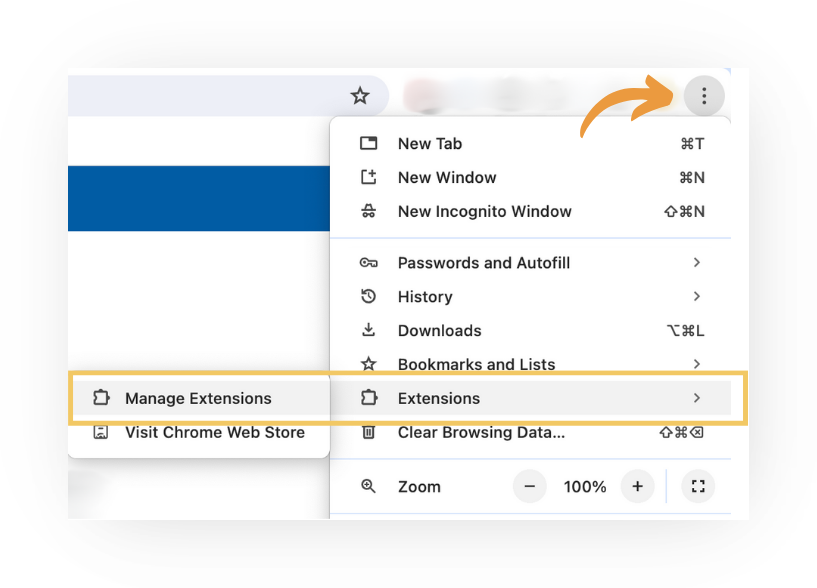 Screenshot of Edge's extensions popup, opened from the extension icon in the toolbar (an orange arrow points to the three-dot area). A yellow highlight box marks 'Extensions' in the menu and 'Manage Extensions' / 'Visit Chrome Web Store' in the submenu that opens to the left.