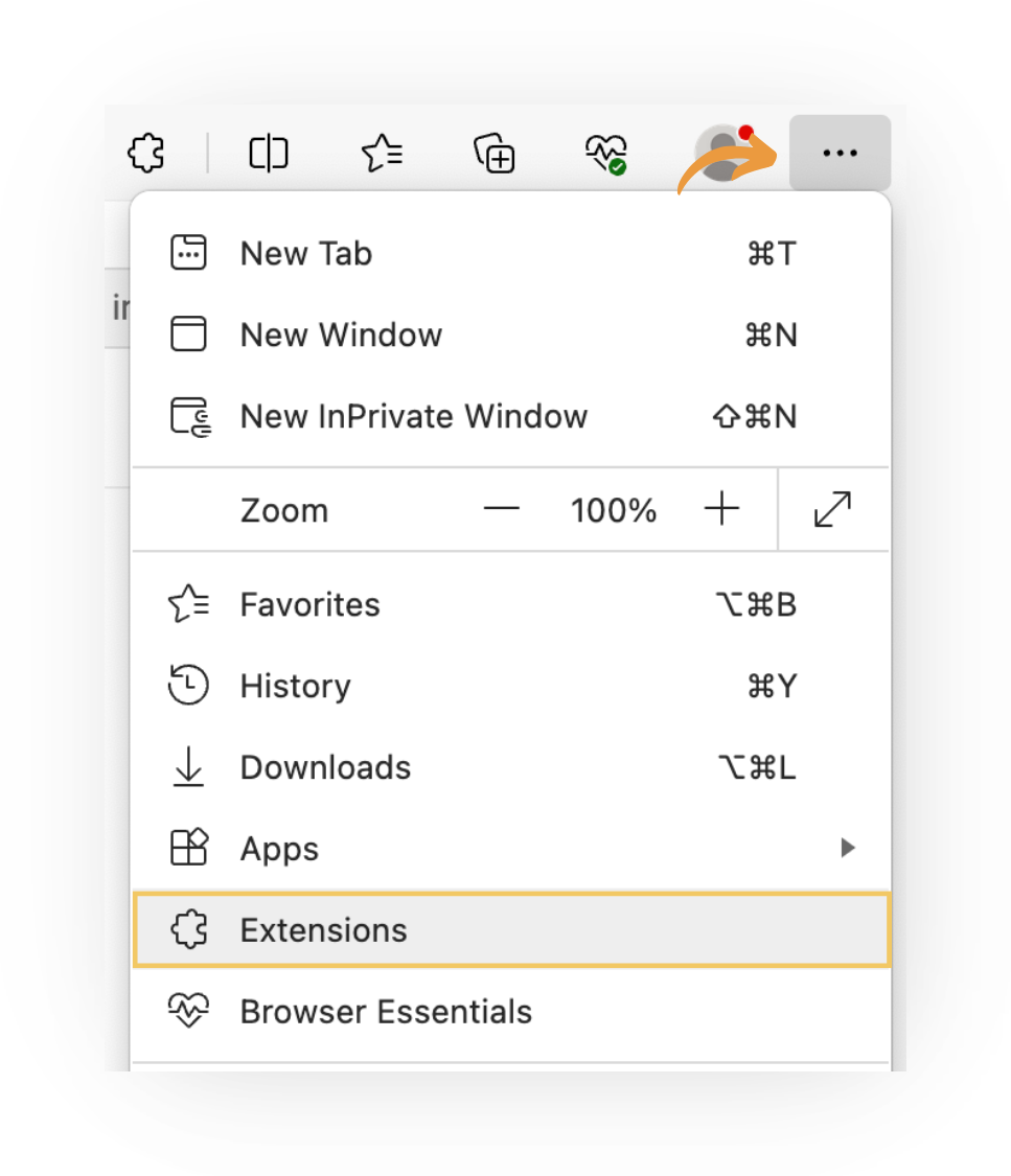 Screenshot of Edge's three-dot 'Settings and more' menu, opened from the far right of the toolbar (an orange arrow points to it). The 'Extensions' item is highlighted in a yellow box, below New Tab, New Window, Zoom, Favorites, History, Downloads, and Apps.