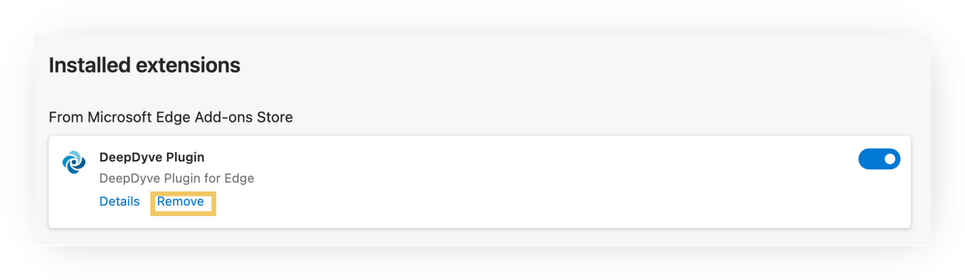 Screenshot of Edge's 'Installed extensions' page. Under 'From Microsoft Edge Add-ons Store', the old 'DeepDyve Plugin' (DeepDyve Plugin for Edge) is listed with its toggle on, and a yellow highlight marks the 'Remove' link next to 'Details' — the link to click to remove the old Edge Plug-in.