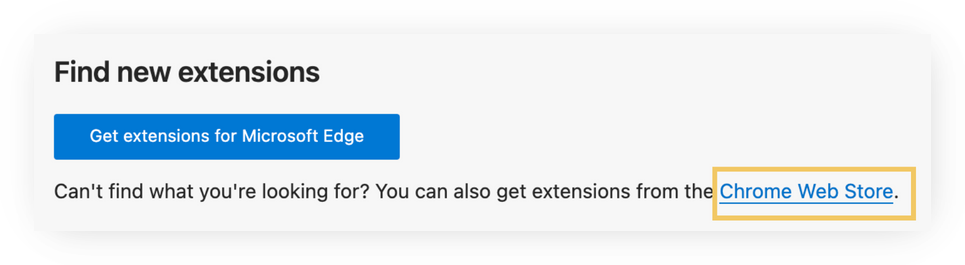 Screenshot of Edge's 'Find new extensions' page with a 'Get extensions for Microsoft Edge' button and the sentence "Can't find what you're looking for? You can also get extensions from the Chrome Web Store" — the 'Chrome Web Store' link is highlighted, since the new LitHub Connect is installed from the Chrome Web Store.