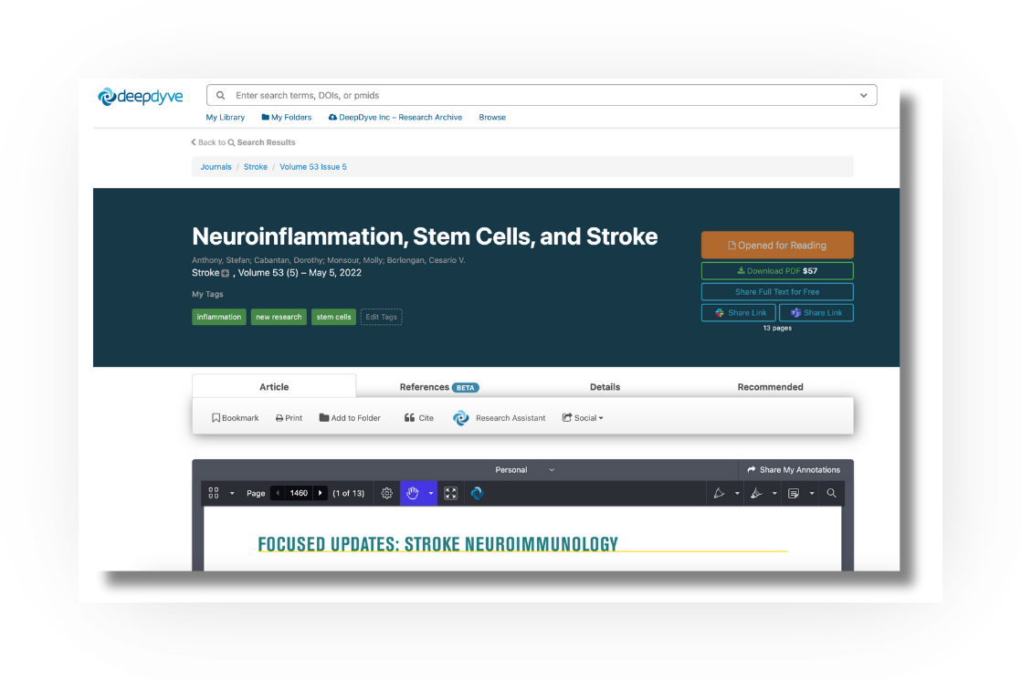 Screenshot of a DeepDyve article page (example: 'Neuroinflammation, Stem Cells, and Stroke' in the journal Stroke). The top has the DeepDyve search bar and navigation (My Library, My Folders, Research Archive, Browse) with a breadcrumb trail (Journals / Stroke / Volume 53 Issue 5). The dark article header shows title, authors, journal, date, and user tags, with action buttons on the right: 'Opened for Reading', 'Download PDF $57', 'Share Full Text for Free', and two 'Share Link' buttons (Slack and Teams). Below are tabs (Article, References BETA, Details, Recommended) and a toolbar with Bookmark, Print, Add to Folder, Cite, Research Assistant, and Social options, above the enhanced reader showing page 1 of the full text with annotation tools and a 'Share My Annotations' button.