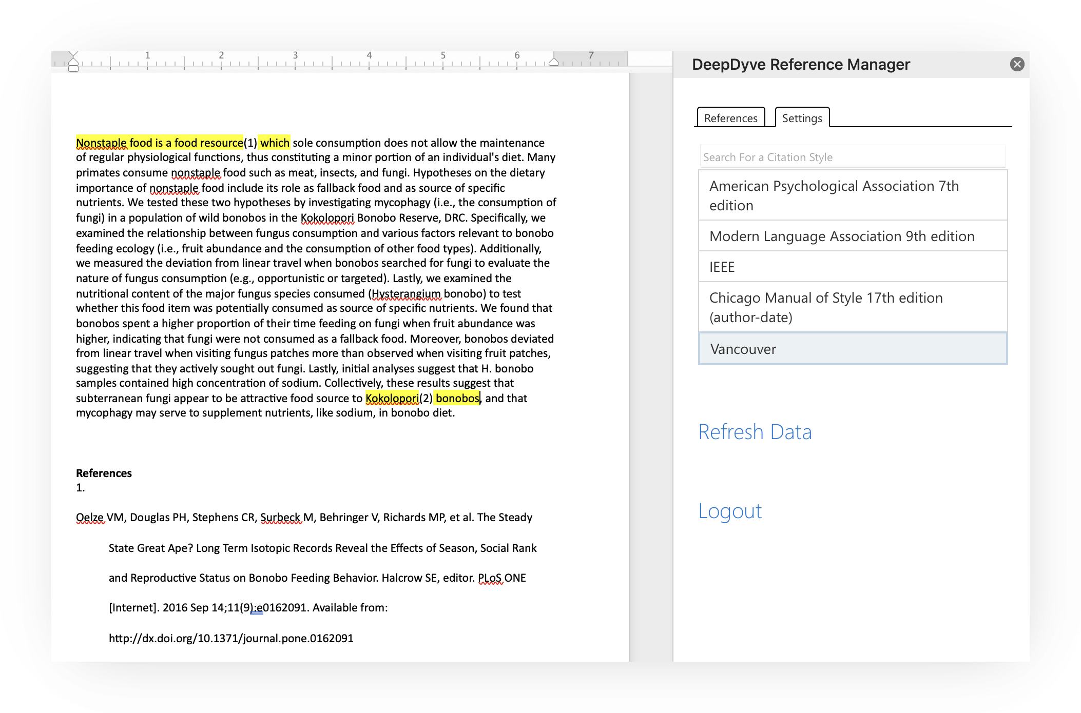 Screenshot of the DeepDyve Reference Manager add-in open in a pane on the right of a Microsoft Word document. The document text has highlighted in-text citations (numbered (1) and (2)) and a References section below with a Vancouver-style numbered reference. The pane shows References and Settings tabs, a 'Search For a Citation Style' box listing American Psychological Association 7th edition, Modern Language Association 9th edition, IEEE, Chicago Manual of Style 17th edition (author-date), and Vancouver (selected), plus 'Refresh Data' and 'Logout' links.