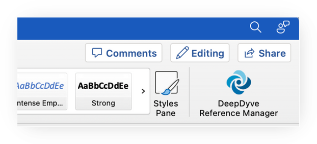 Screenshot of the right end of the Microsoft Word toolbar showing the DeepDyve logo labeled 'DeepDyve Reference Manager' next to the Styles Pane — clicking this icon opens the reference manager.
