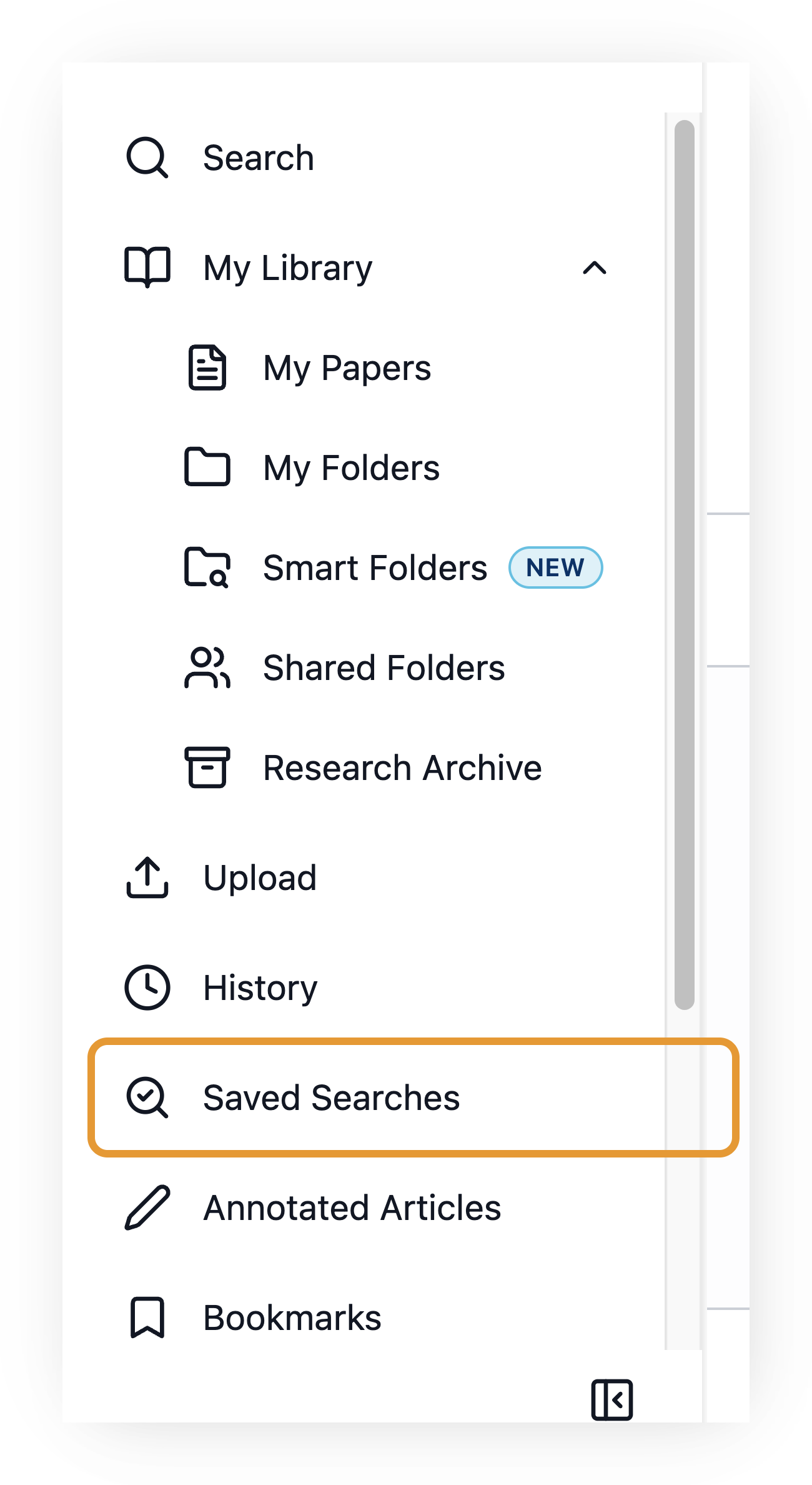 Screenshot of the DeepDyve left sidebar with 'Saved Searches' highlighted, among Search, My Library (My Papers, My Folders, Smart Folders, Shared Folders, Research Archive), Upload, History, Annotated Articles, and Bookmarks.