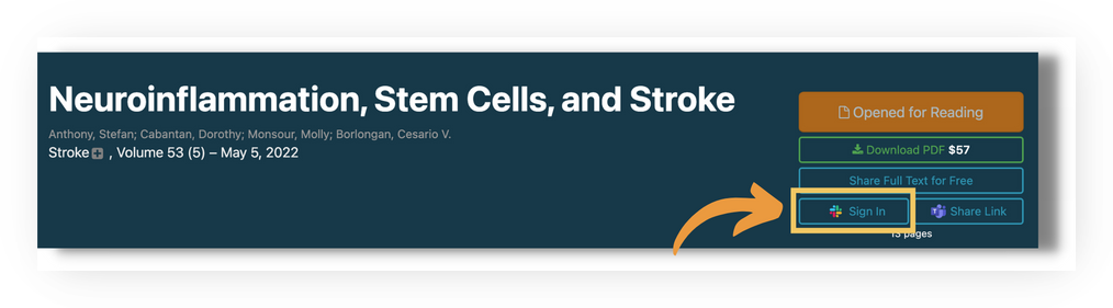 Screenshot of the top of a DeepDyve article page (example 'Neuroinflammation, Stem Cells, and Stroke'). Among the action buttons on the right ('Opened for Reading', 'Download PDF $57', 'Share Full Text for Free'), an orange arrow points to a highlighted 'Sign In' button with the Slack logo — clicked to connect Slack before sharing.