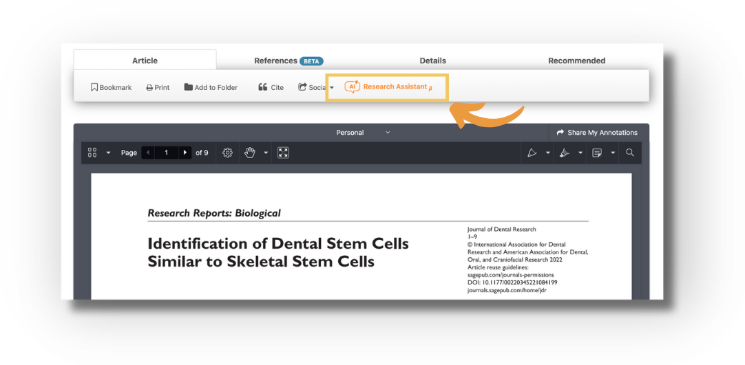 Screenshot of a DeepDyve article page in document mode (tabs: Article, References BETA, Details, Recommended). In the white document bar, an orange arrow points to the highlighted 'Research Assistant' item with an AI icon, next to Bookmark, Print, Add to Folder, Cite, and Social. Below, the enhanced reader shows page 1 of 9 of an article titled 'Identification of Dental Stem Cells Similar to Skeletal Stem Cells'.