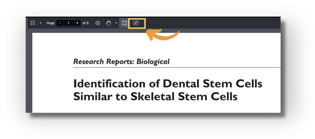 Screenshot of the enhanced reader in full text mode: an orange arrow points to the highlighted AI icon in the top black tool bar, next to the page controls (Page 1 of 9), settings gear, hand tool, and full-screen icons.