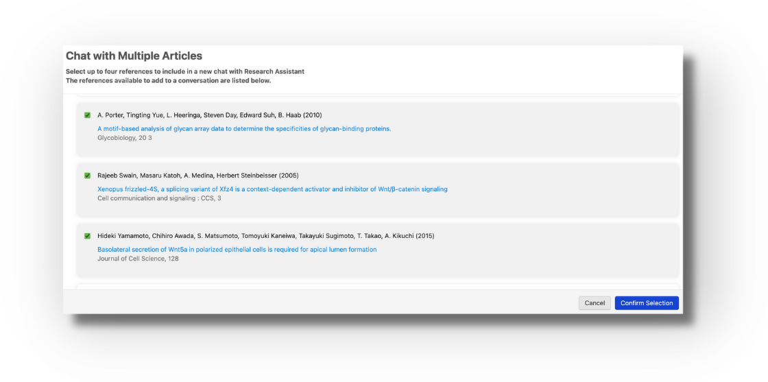 Screenshot of the 'Chat with Multiple Articles' dialog: 'Select up to four references to include in a new chat with Research Assistant'. Three references are listed with green checkboxes (author lists, years, titles, and journals), with 'Cancel' and blue 'Confirm Selection' buttons at the bottom.