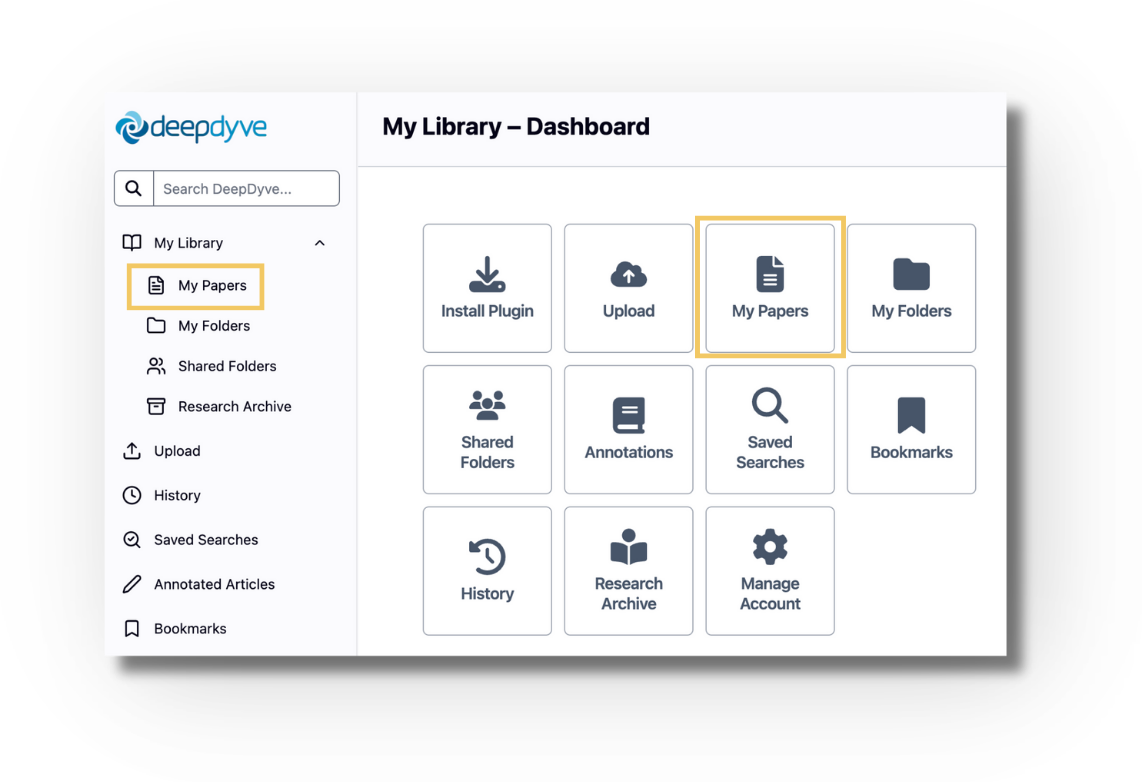 Screenshot of the My Library — Dashboard page with yellow highlight boxes marking 'My Papers' in the left sidebar and the 'My Papers' tile in the dashboard grid — the places to click to view your uploaded papers.