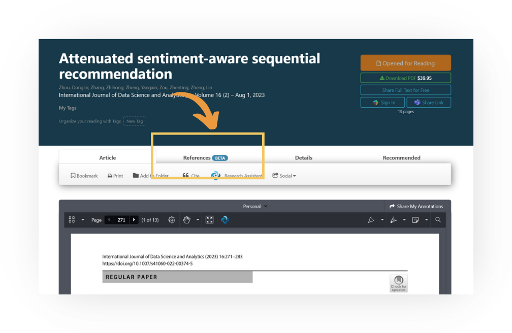 Screenshot of a DeepDyve article page (example 'Attenuated sentiment-aware sequential recommendation') with a yellow highlight box and orange arrow marking the 'References BETA' tab above the reading pane, between the Article, Details, and Recommended tabs.
