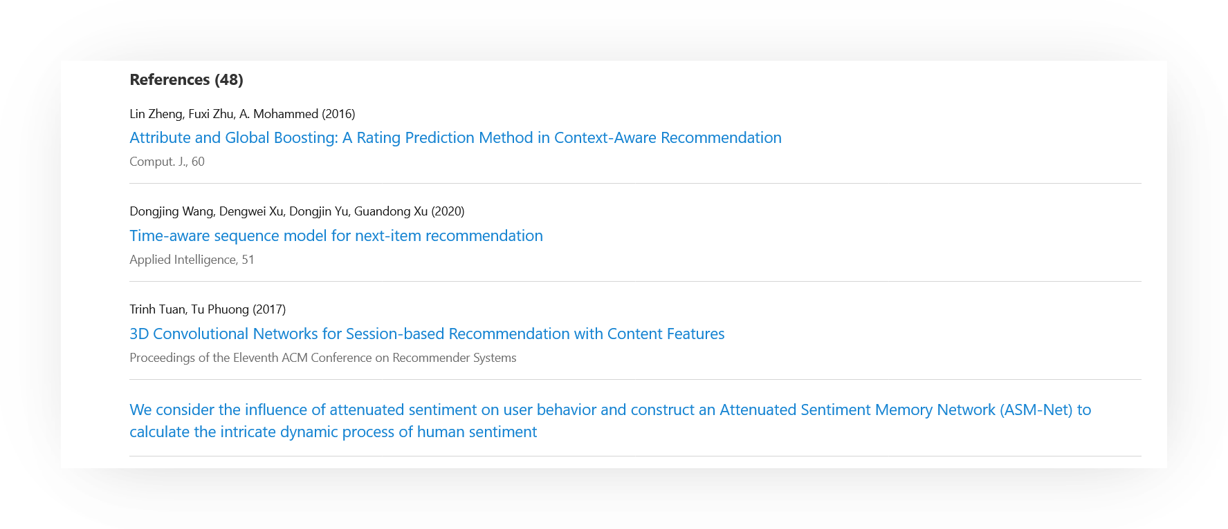 Screenshot of the References tab content: 'References (48)' listing cited works with authors, year, hyperlinked title, and source (for example 'Attribute and Global Boosting: A Rating Prediction Method in Context-Aware Recommendation', Comput. J., 60). Titles link to the full text on DeepDyve when hosted; otherwise a search for alternatives is run.