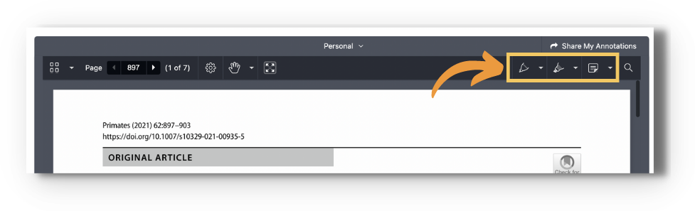 Screenshot of the enhanced reader with an orange arrow pointing to the highlighted annotation tools on the top right of the toolbar: a drawing pen icon, a highlighter icon, and a notes icon, each with a dropdown arrow, next to the search icon and below the 'Share My Annotations' button.