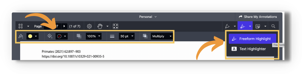 Screenshot of the highlighter tool expanded in the enhanced reader. Orange arrows point to the options bar (yellow ink color, fill, 100% opacity, 30 pt thickness, blend mode 'Multiply') and to the open dropdown offering 'Freeform Highlight' (selected) and 'Text Highlighter'.