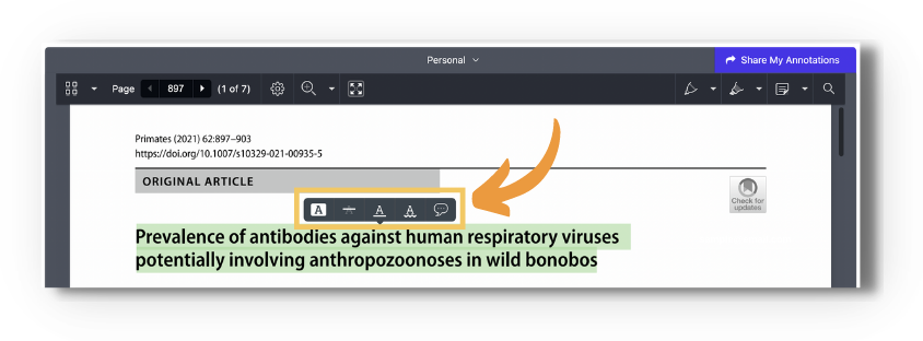 Screenshot of an article in the enhanced reader with a passage highlighted in green. An orange arrow points to the highlighted quick-annotation popup above the text, offering buttons to highlight the text, strike it, underline it, or leave a comment.