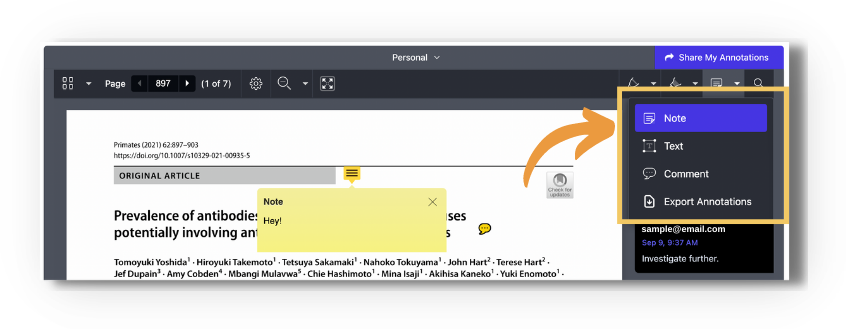 Screenshot of the notes tool expanded in the enhanced reader. An orange arrow points to the open dropdown offering Note (selected), Text, Comment, and Export Annotations. On the page, a yellow collapsible sticky note reading 'Hey!' is open, and a side comment stamped with the commenter's email and timestamp reads 'Investigate further.'