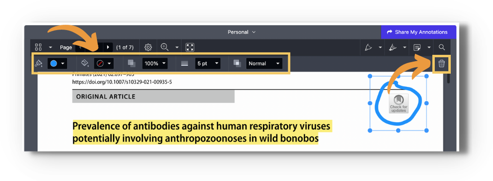 Screenshot of the enhanced reader with an annotation selected: a blue freehand circle drawn around a figure has selection handles around it. Orange arrows point to the editing options bar on the top left (color, fill, opacity, thickness, blend mode) and to the trash can icon on the top right used to delete the annotation.