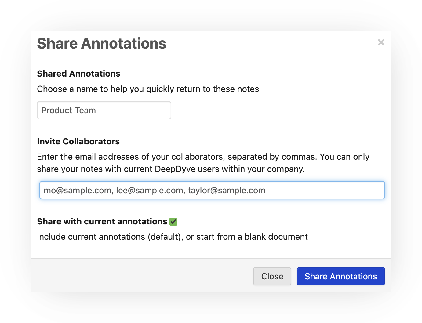 Screenshot of the 'Share Annotations' dialog. It has a 'Shared Annotations' name field ('Choose a name to help you quickly return to these notes', example 'Product Team'), an 'Invite Collaborators' field for comma-separated email addresses (notes can only be shared with current DeepDyve users within your company), a checked 'Share with current annotations' option ('Include current annotations (default), or start from a blank document'), and 'Close' and 'Share Annotations' buttons.