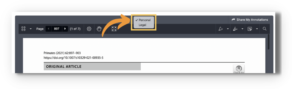 Screenshot of the enhanced reader with an orange arrow pointing to the highlighted annotation-set dropdown at the top center of the document, expanded to show 'Personal' (checked) and 'Legal' — used to switch between your personal annotations and sets shared with others.