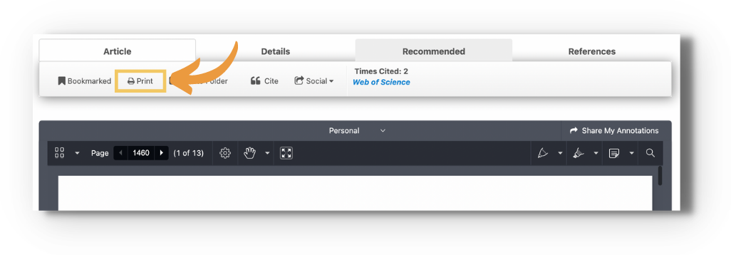 Screenshot of the toolbar above the enhanced reader with an orange arrow pointing to the highlighted 'Print' button, between 'Bookmarked' and 'Add to Folder', under the Article tab.