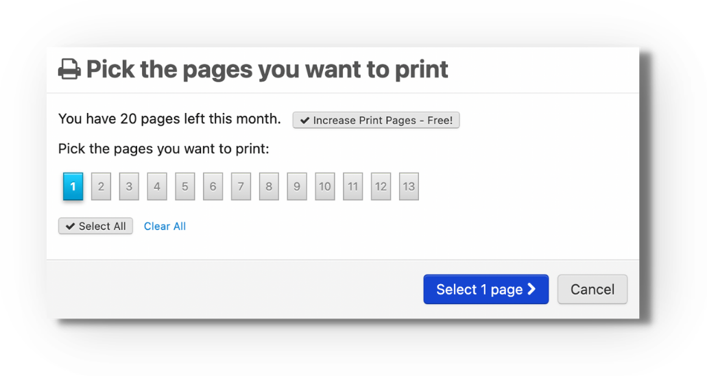 Screenshot of the 'Pick the pages you want to print' dialog. It reads 'You have 20 pages left this month' with an 'Increase Print Pages - Free!' button, numbered page tiles 1-13 (page 1 selected in blue), 'Select All' and 'Clear All' options, and 'Select 1 page' and 'Cancel' buttons.