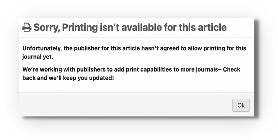 Screenshot of the dialog 'Sorry, Printing isn't available for this article', which explains that the publisher for this article hasn't agreed to allow printing for this journal yet and that DeepDyve is working with publishers to add print capabilities to more journals, with an 'Ok' button.
