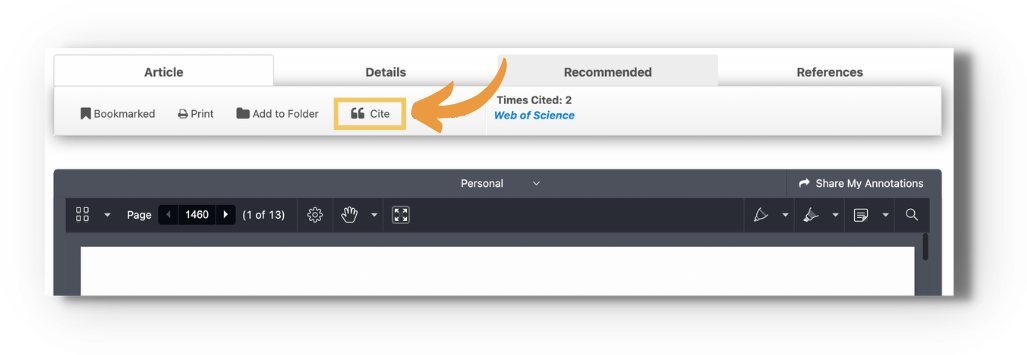 Screenshot of the toolbar above the enhanced reader on an article page with an orange arrow pointing to the highlighted 'Cite' button (quote marks icon), between 'Add to Folder' and 'Social', with 'Times Cited: 2 / Web of Science' shown to the right.