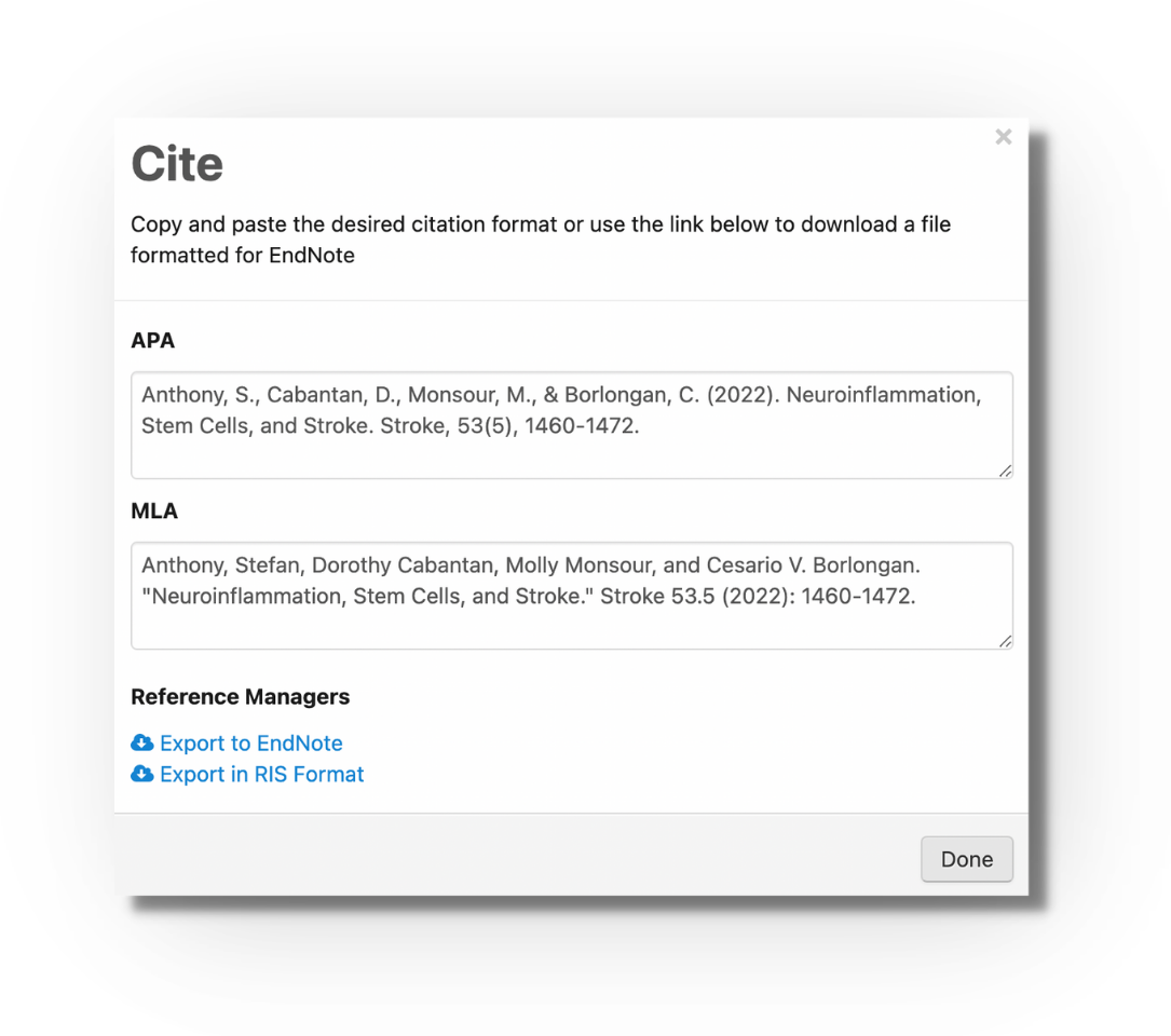 Screenshot of the Cite dialog: 'Copy and paste the desired citation format or use the link below to download a file formatted for EndNote'. It shows the citation in APA and MLA formats in copyable text boxes, plus 'Reference Managers' links 'Export to EndNote' and 'Export in RIS Format', and a 'Done' button.