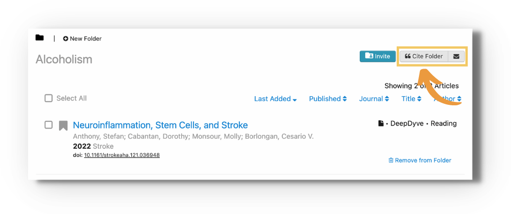 Screenshot of a folder page in My Library (example folder 'Alcoholism' showing an article list with sort options and an 'Invite' button). An orange arrow points to the highlighted 'Cite Folder' button (quote icon) at the top right, next to an envelope icon.
