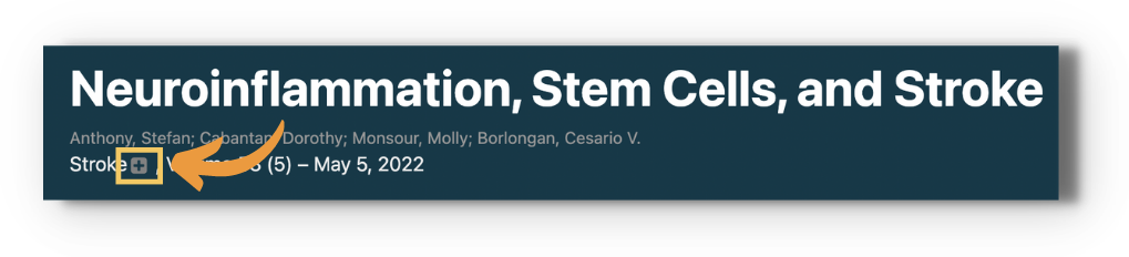Screenshot of a DeepDyve article header with an orange arrow pointing to the highlighted '+' icon after the journal name 'Stroke' under the article title — click it to follow the journal.