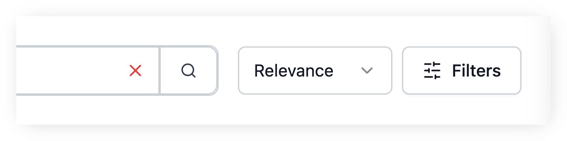Screenshot of the controls at the top right of the DeepDyve Search Results page: the end of the search bar with its red 'x' clear button and magnifying-glass search button, the 'Relevance' sort dropdown, and the 'Filters' button — click 'Filters' to open the panel that contains the Advanced Filters.